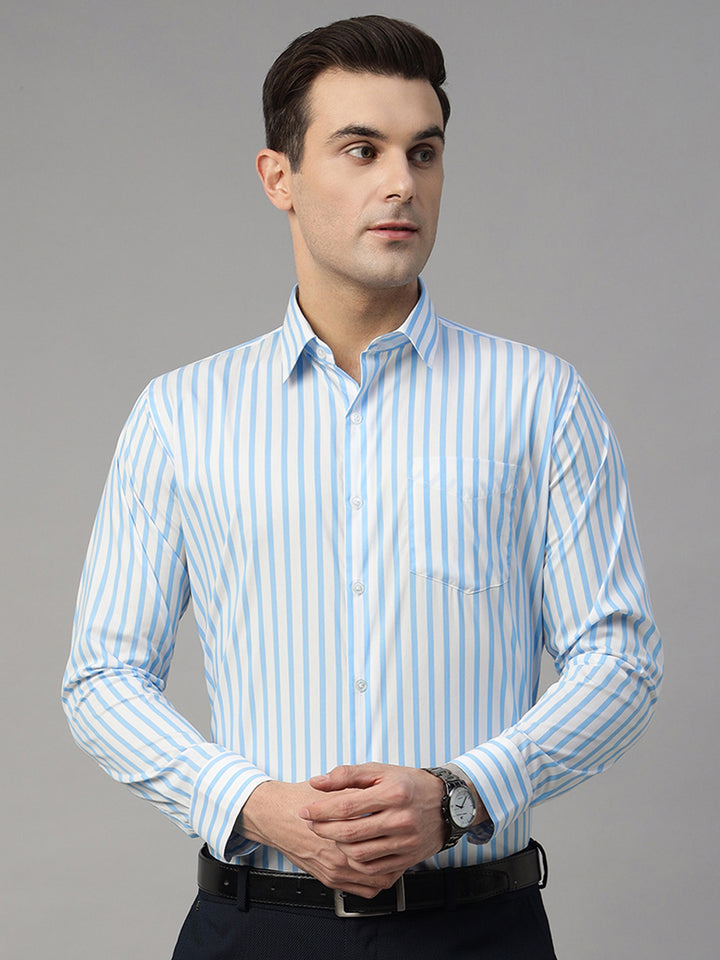 Men White & Blue Striped Pure Cotton Slim Fit Formal Shirt