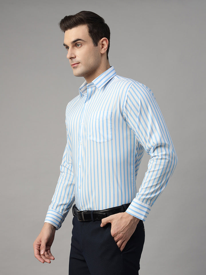 Men White & Blue Striped Pure Cotton Slim Fit Formal Shirt