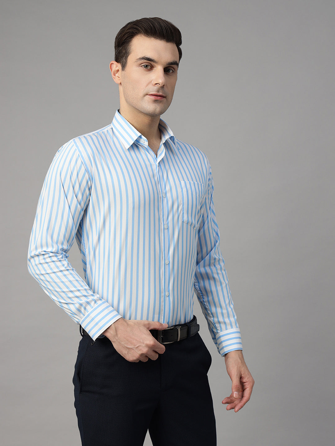 Men White & Blue Striped Pure Cotton Slim Fit Formal Shirt
