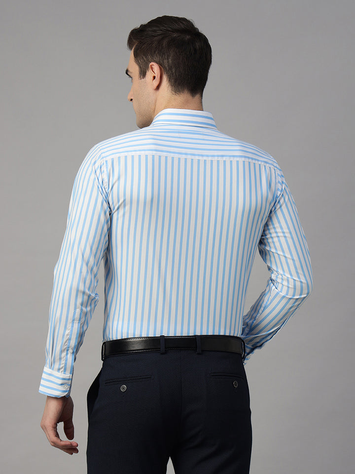 Men White & Blue Striped Pure Cotton Slim Fit Formal Shirt