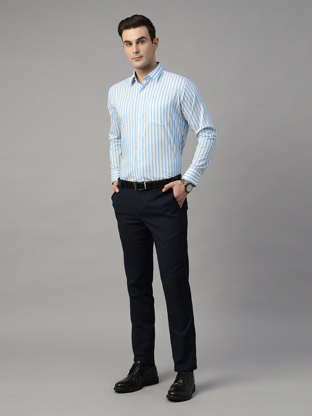 Men White & Blue Striped Pure Cotton Slim Fit Formal Shirt