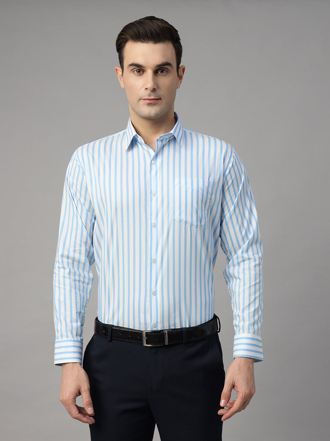 Men White & Blue Striped Pure Cotton Slim Fit Formal Shirt