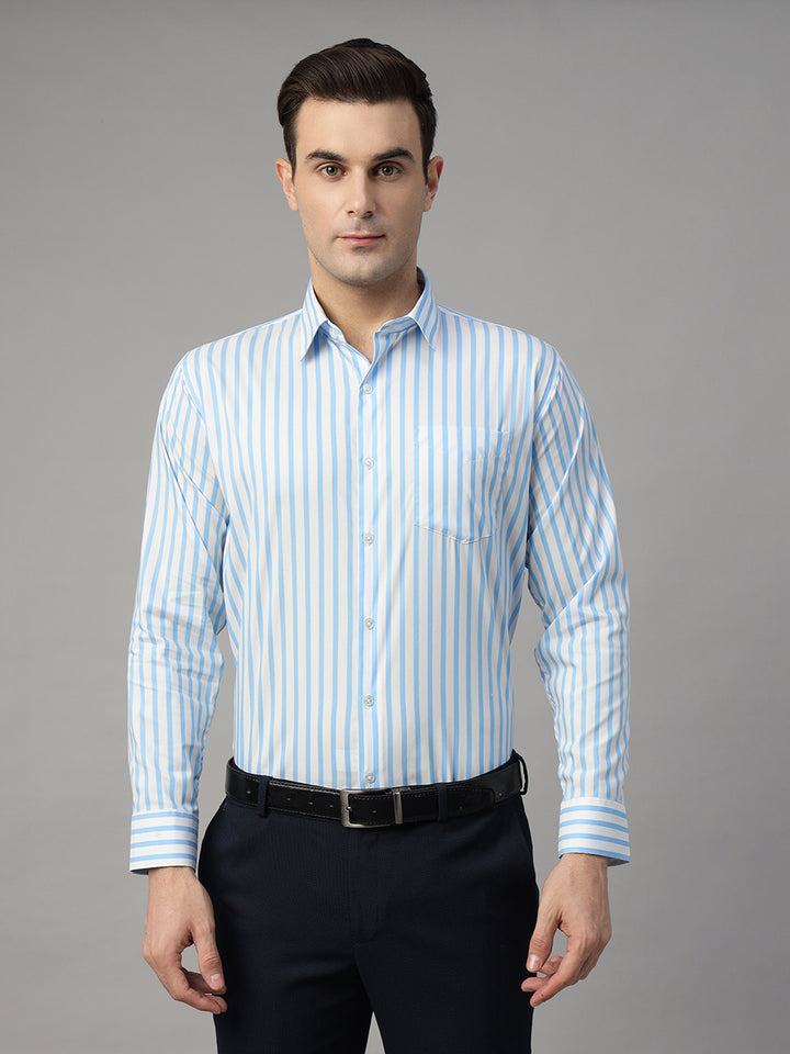 Men White & Blue Striped Pure Cotton Slim Fit Formal Shirt