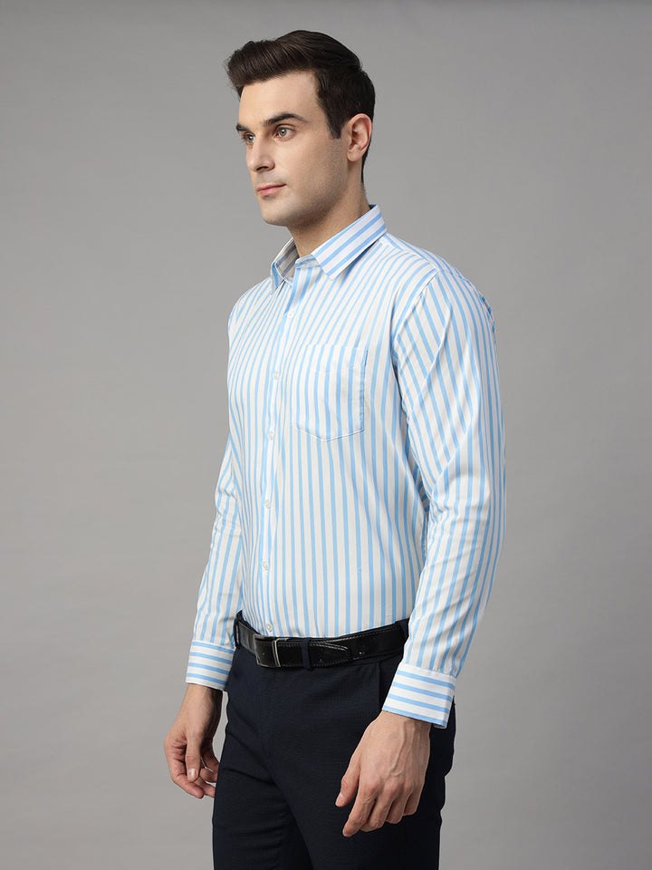 Men White & Blue Striped Pure Cotton Slim Fit Formal Shirt