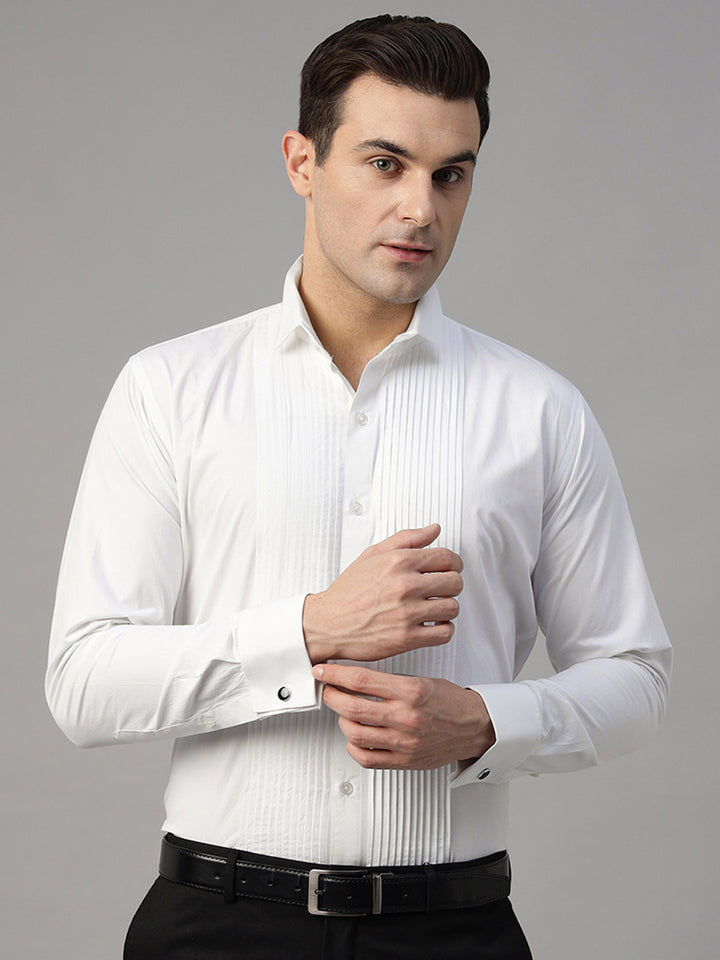 Men White Solid Pure Cotton Slim Fit French Cuff Tuxedo Party Shirt