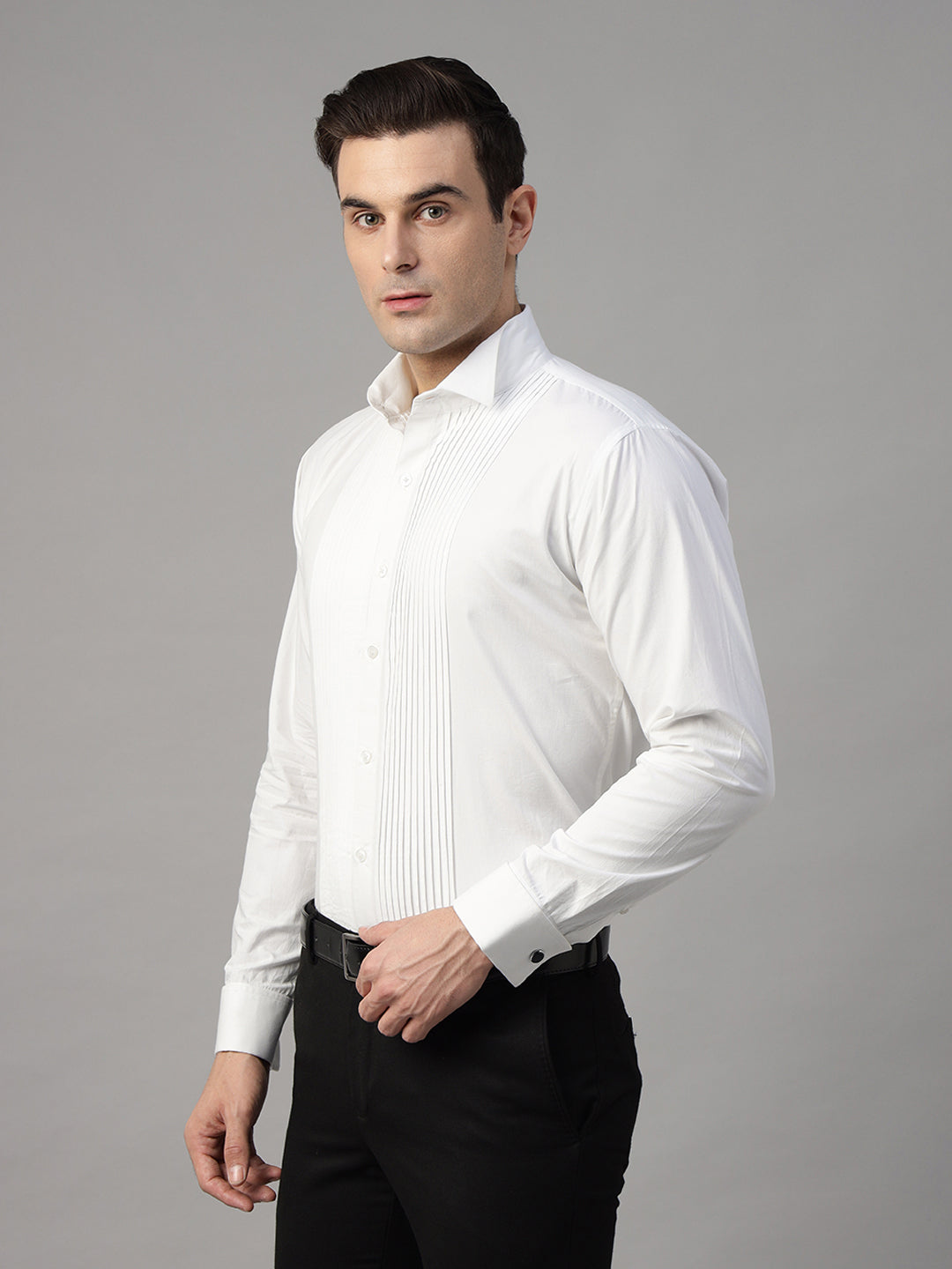 Men White Solid Pure Cotton Slim Fit French Cuff Tuxedo Party Shirt