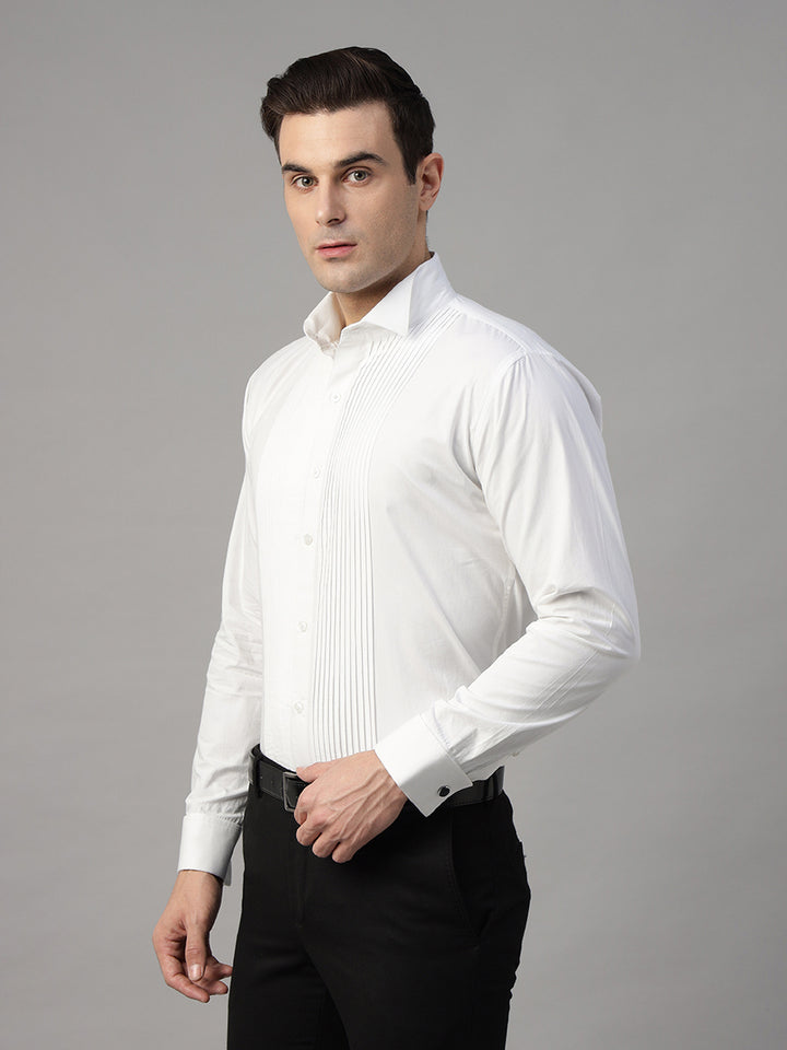 Men White Solid Pure Cotton Slim Fit French Cuff Tuxedo Party Shirt