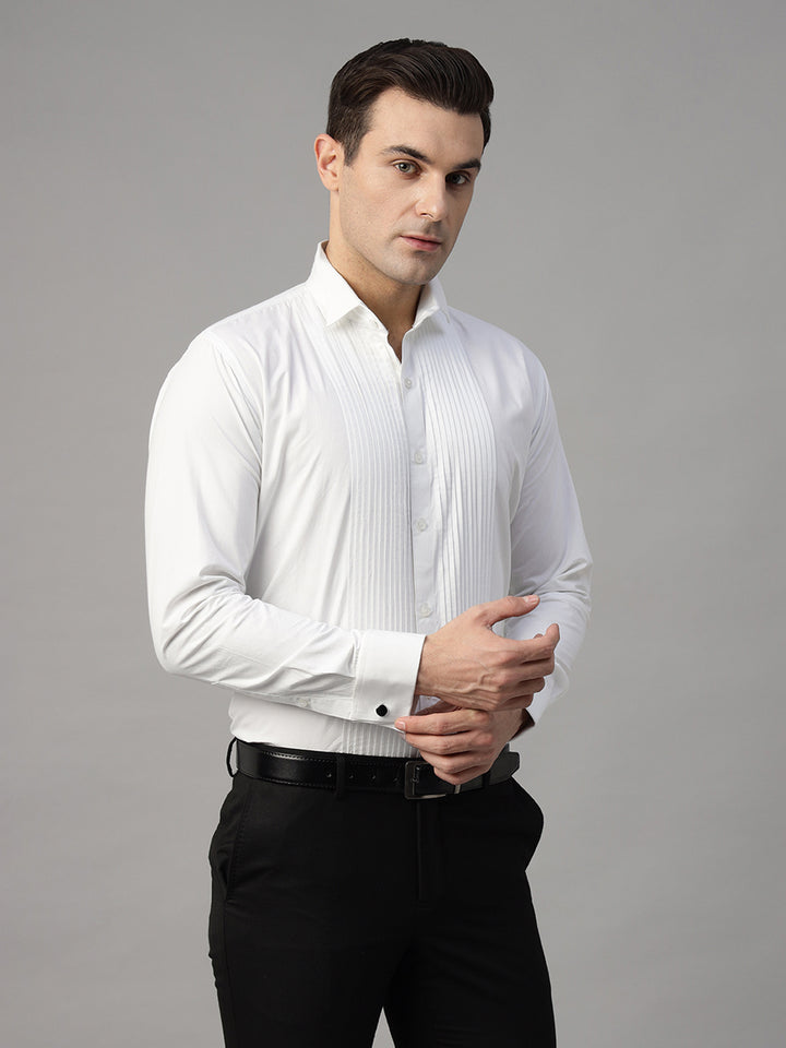Men White Solid Pure Cotton Slim Fit French Cuff Tuxedo Party Shirt