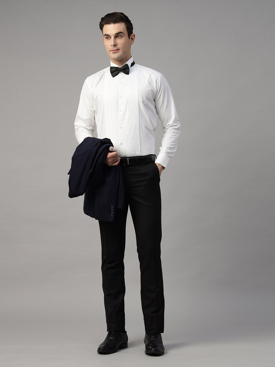 Men White Solid Pure Cotton Slim Fit French Cuff Tuxedo Party Shirt
