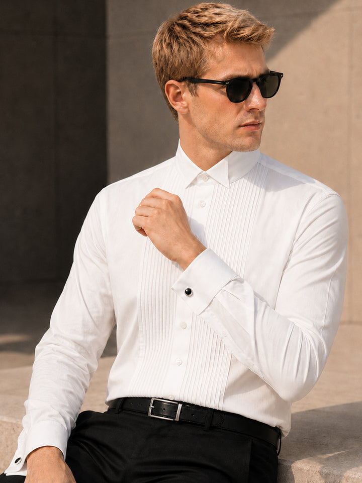 Men White Solid Pure Cotton Slim Fit French Cuff Tuxedo Party Shirt