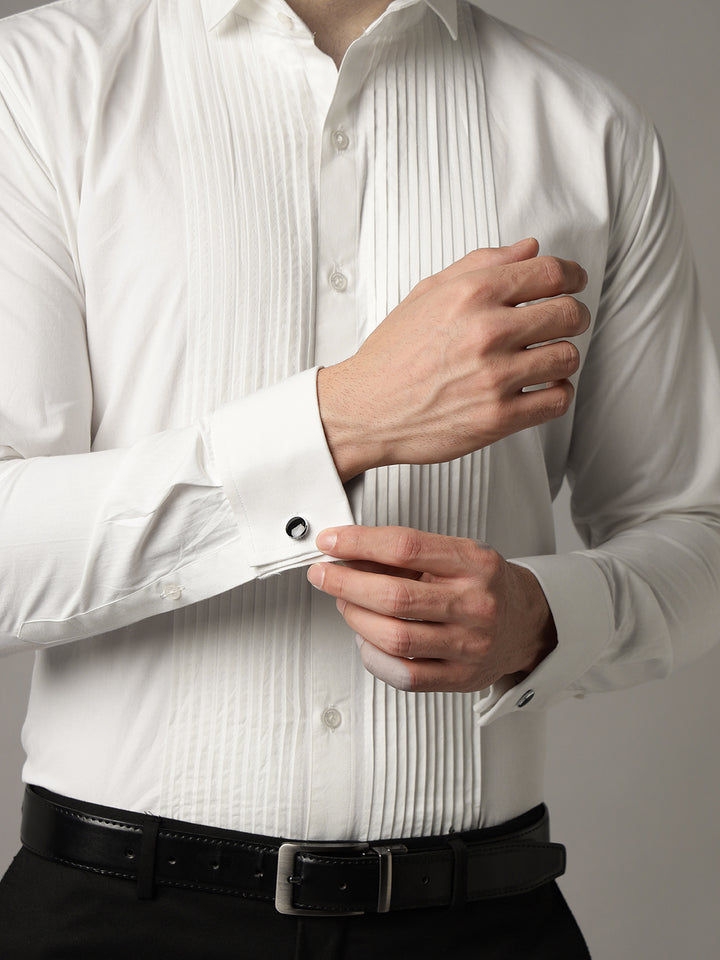 Men White Solid Pure Cotton Slim Fit French Cuff Tuxedo Party Shirt