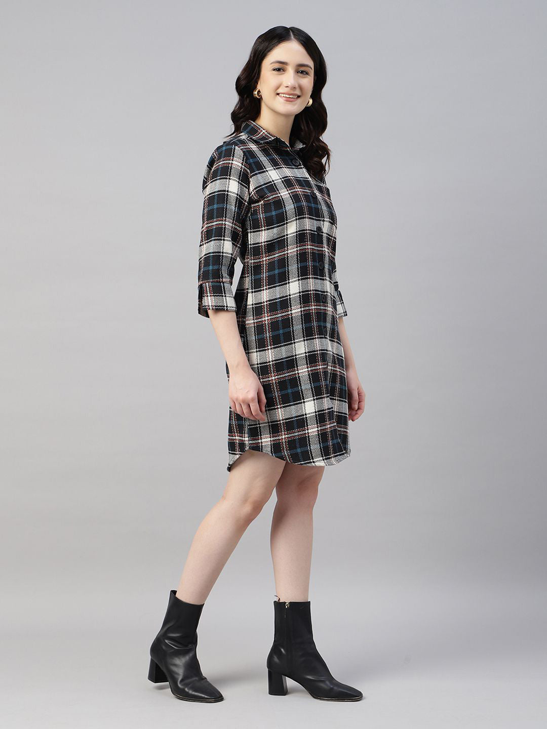 Hancock Women Beige & Black Checked Pure Cotton Regular Fit Formal Dress