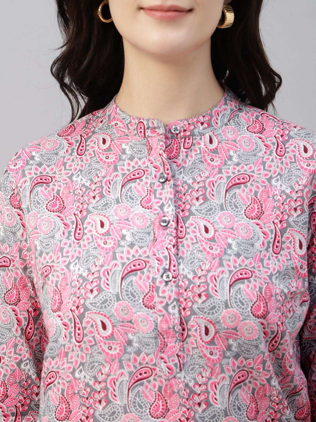 Hancock Women Pink & Grey Printed Pure Cotton Regular Fit Formal Top