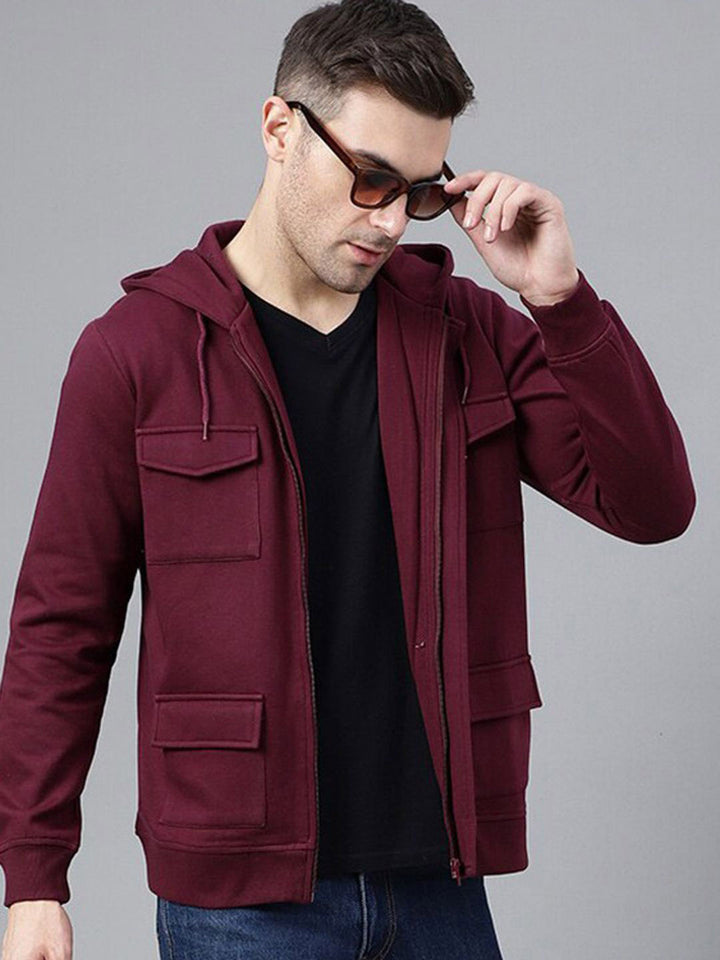 Hancock Men Burgundy Solid Cotton Rich Regular Fit Casual Jacket
