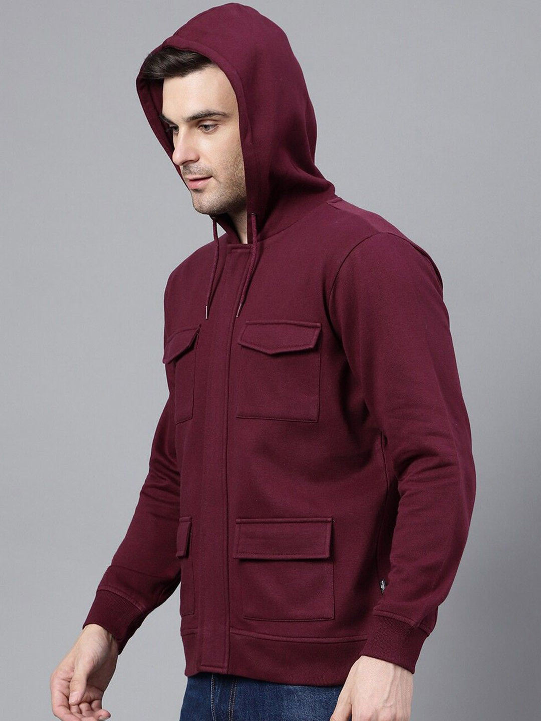 Hancock Men Burgundy Solid Cotton Rich Regular Fit Casual Jacket