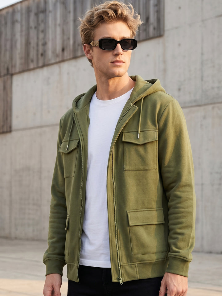 Men Olive Solid Cotton Rich Regular Fit Casual Jacket