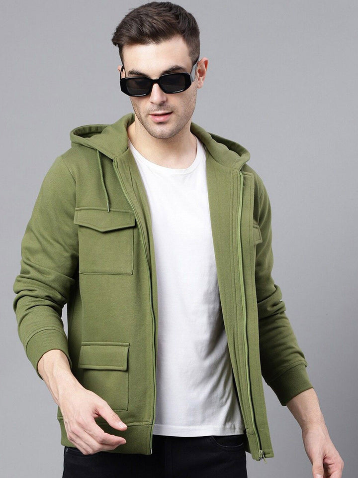 Men Olive Solid Cotton Rich Regular Fit Casual Jacket