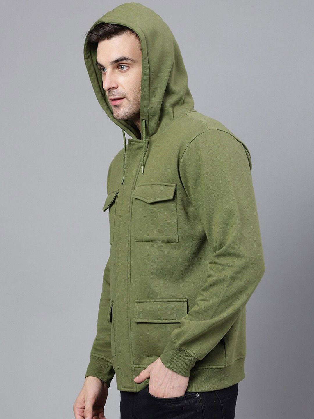 Men Olive Solid Cotton Rich Regular Fit Casual Jacket