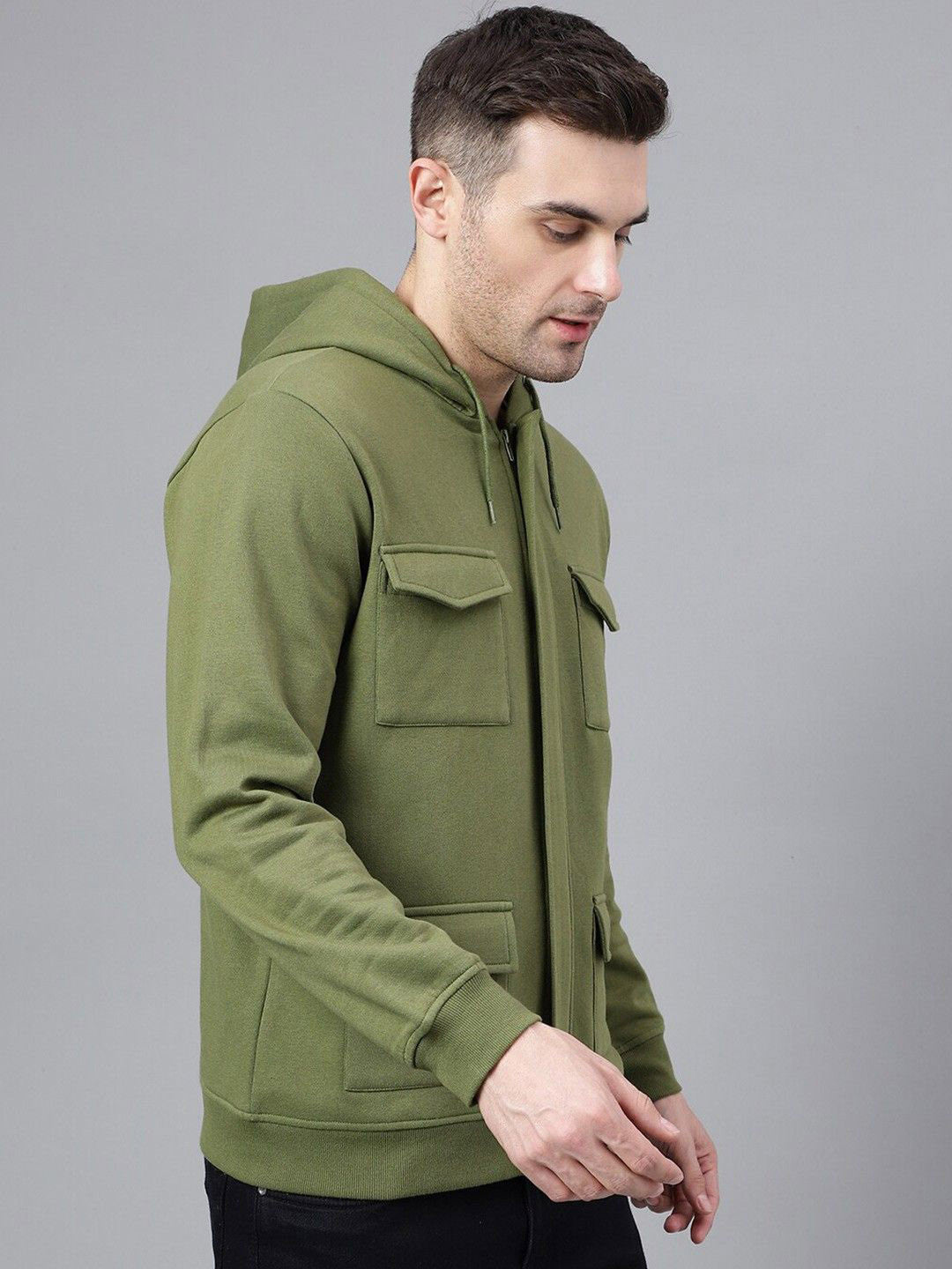 Men Olive Solid Cotton Rich Regular Fit Casual Jacket