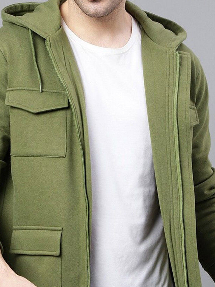 Men Olive Solid Cotton Rich Regular Fit Casual Jacket