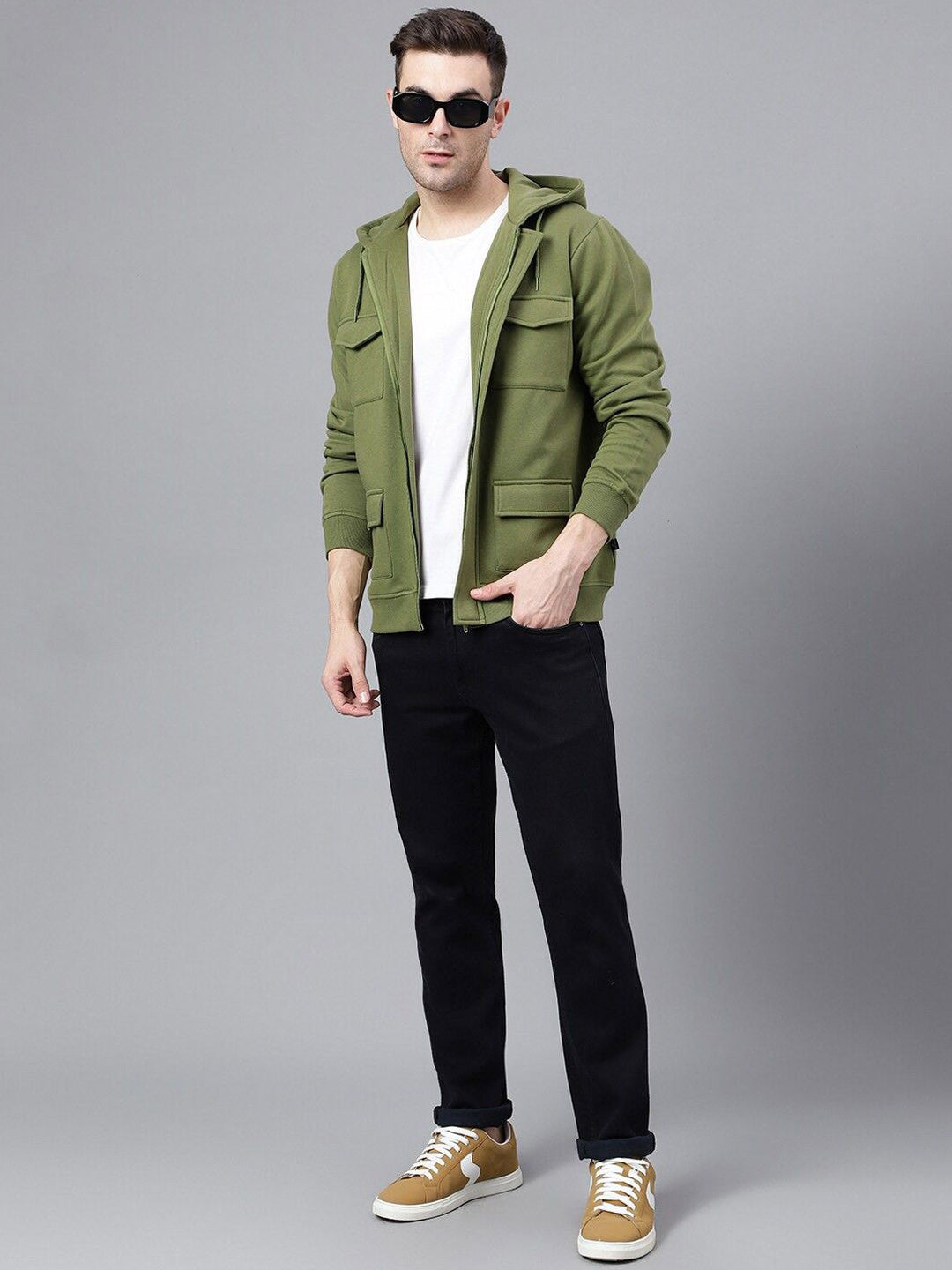 Men Olive Solid Cotton Rich Regular Fit Casual Jacket