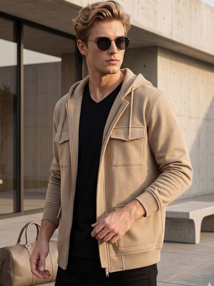 Men Beige Solid Cotton Rich Regular Fit Casual Jacket