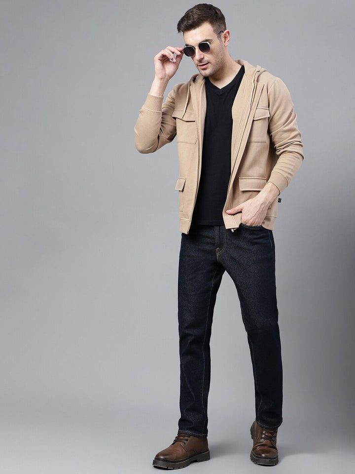 Men Beige Solid Cotton Rich Regular Fit Casual Jacket