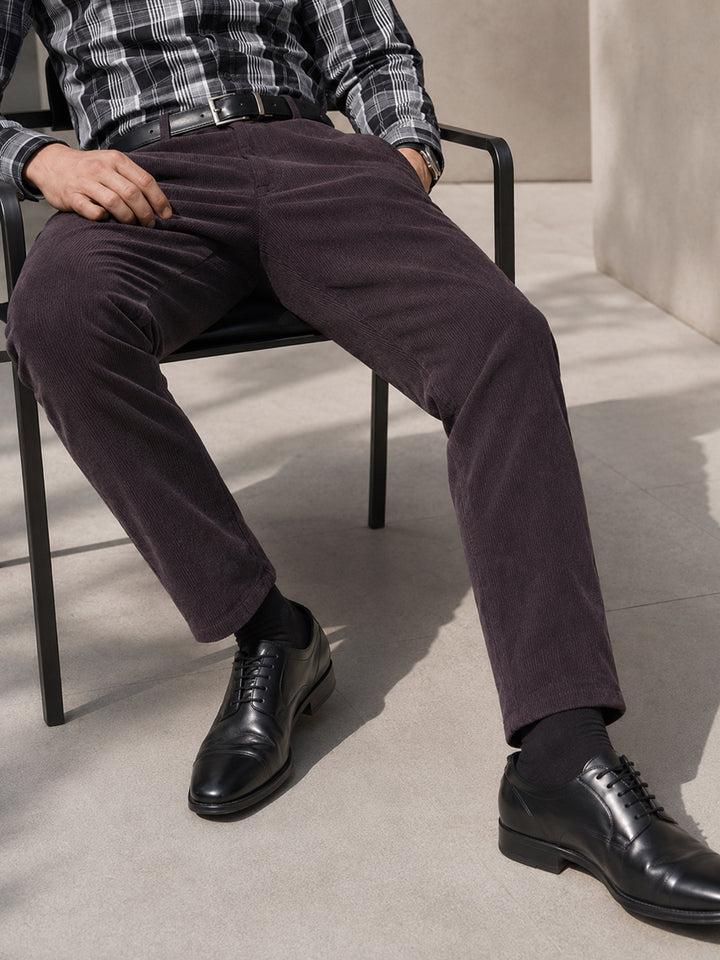 Men Grey Solid Corduroy Cotton Elastane Stretchable Slim Fit Formal Trouser