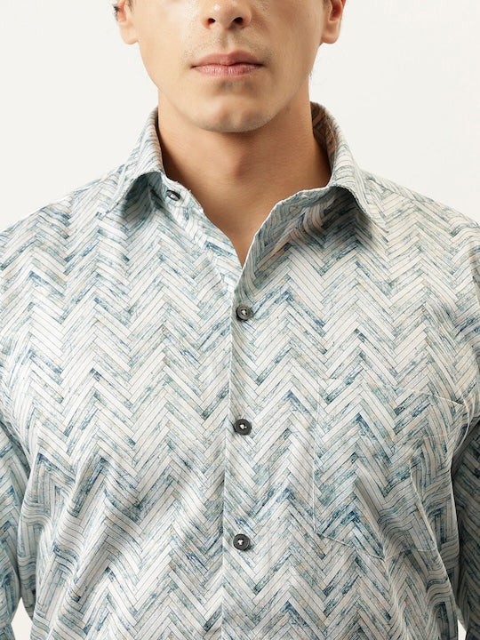 Men White & Blue Cotton Satin Herringbone Printed Slim Fit Party  Shirt