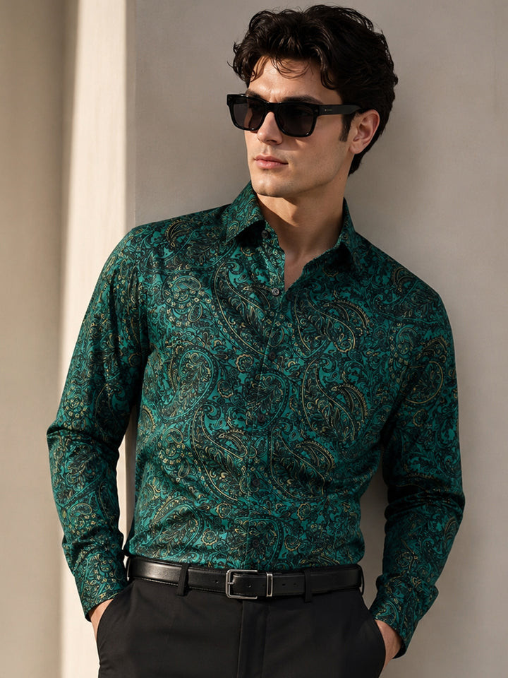 Men Green Prints Cotton Rich Slim Fit Party Shirt