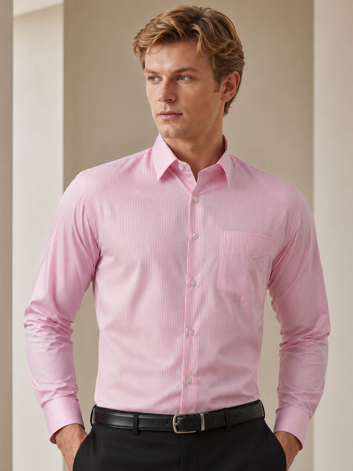 Men White & Pink Stripe Polyester Slim Fit Formal Shirt