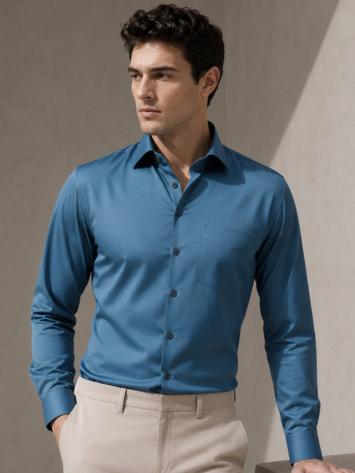 Men Sapphire Blue Solid Cotton Elastene Slim Fit Party Shirt
