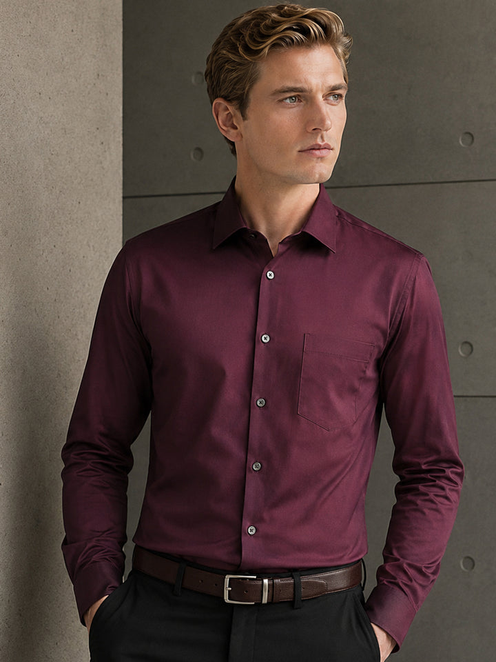 Men Maroon Solid Cotton Satin Slim Fit Formal Shirt