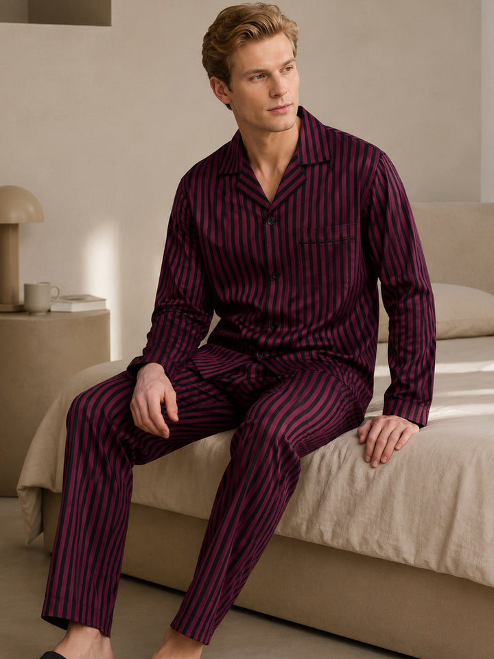 Men Maroon & Black Stripe Pure Cotton Relaxed Fit Night Wear Night Suit