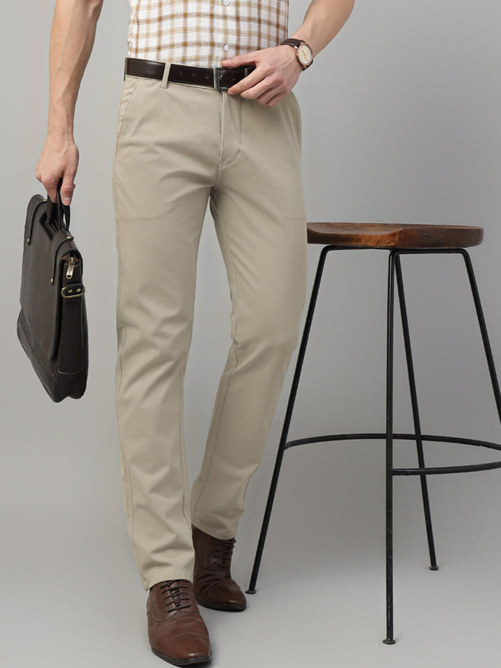 Men Beige Solid Cotton Elastene Slim Fit Formal Trouser
