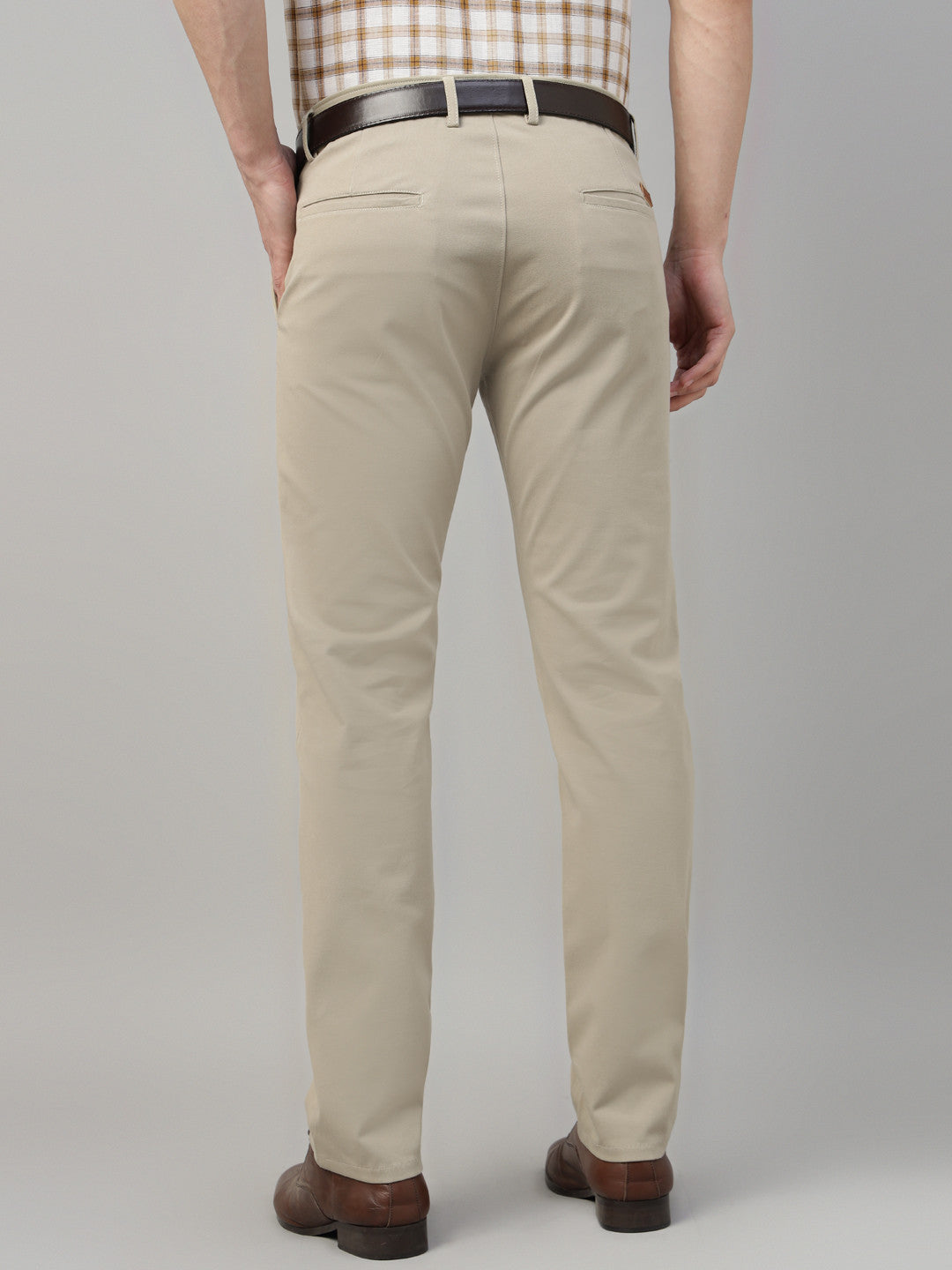 Men Beige Solid Cotton Elastene Slim Fit Formal Trouser