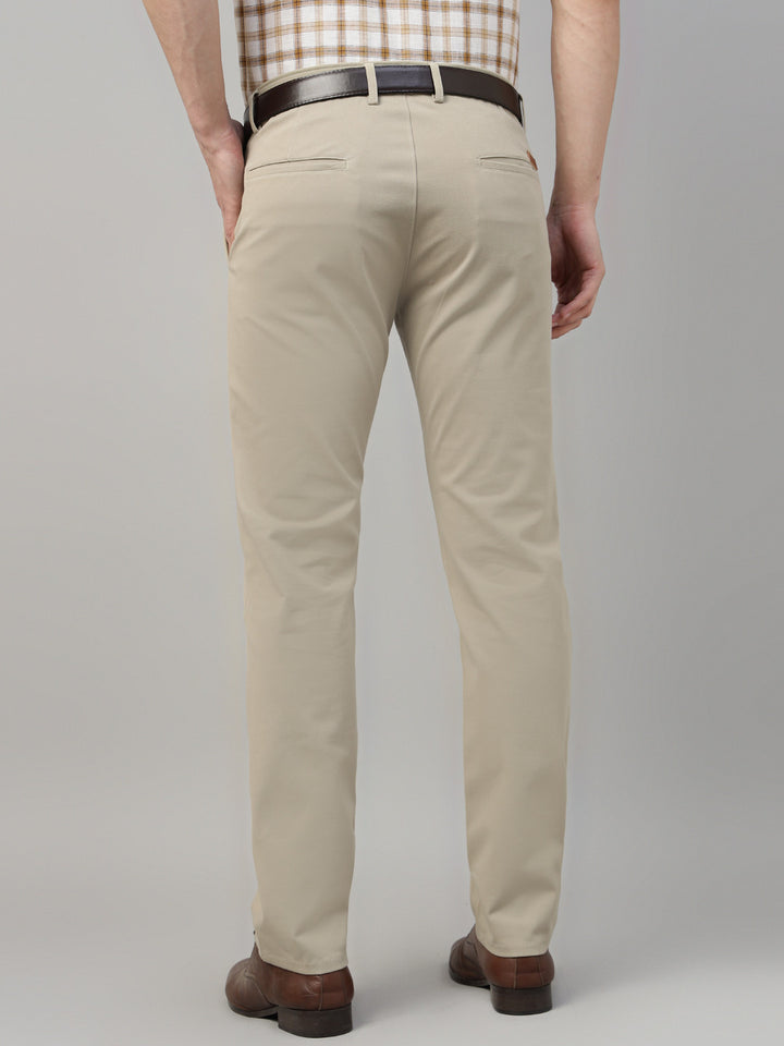 Men Beige Solid Cotton Elastene Slim Fit Formal Trouser