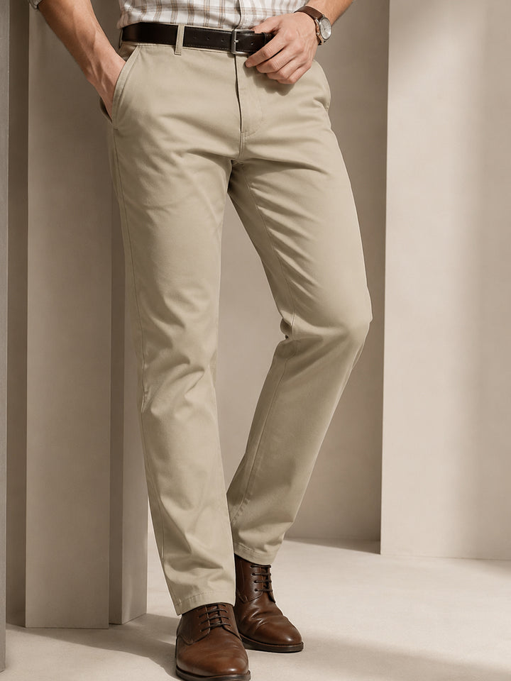 Men Beige Solid Cotton Elastene Slim Fit Formal Trouser