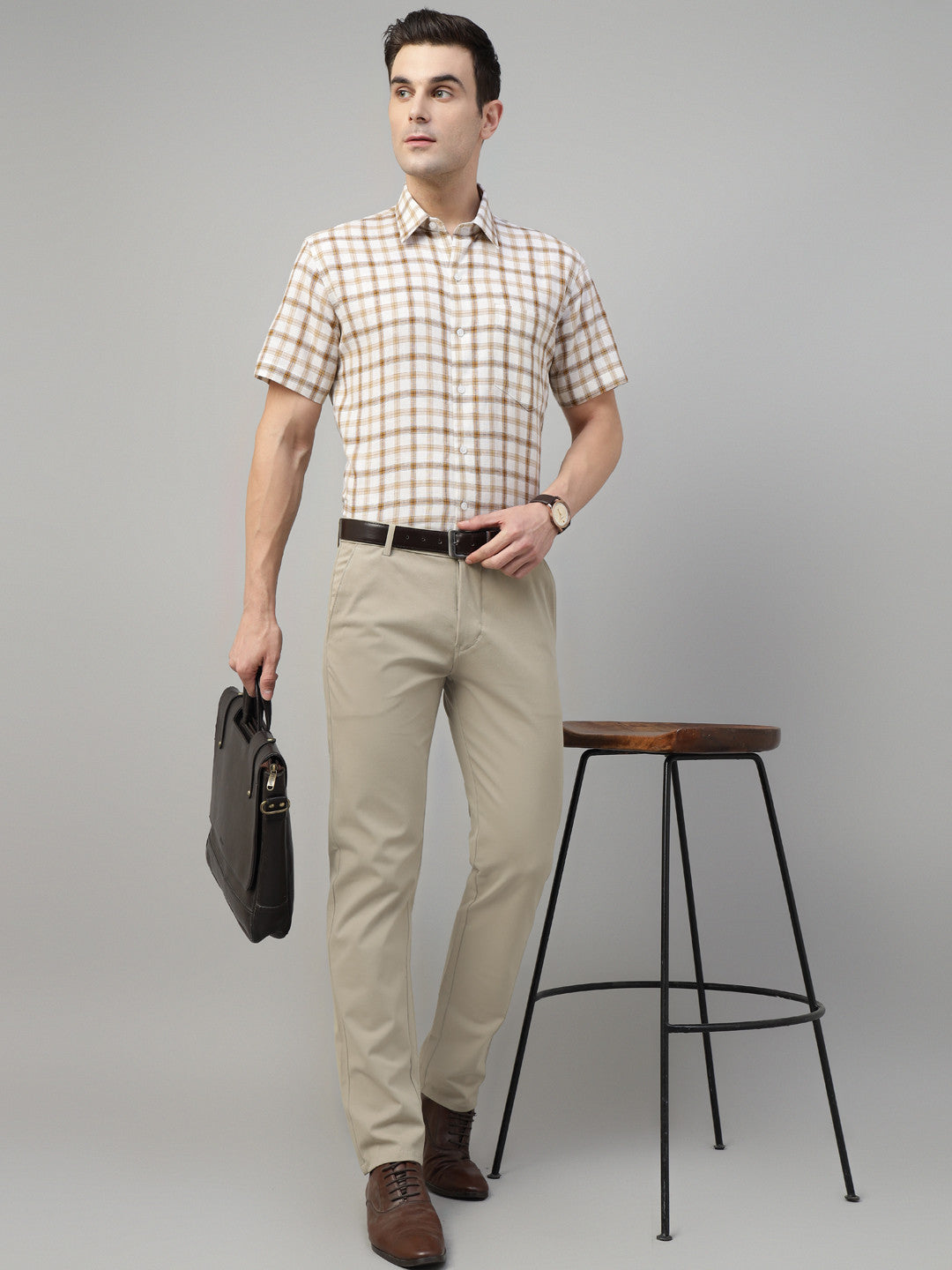 Men Beige Solid Cotton Elastene Slim Fit Formal Trouser