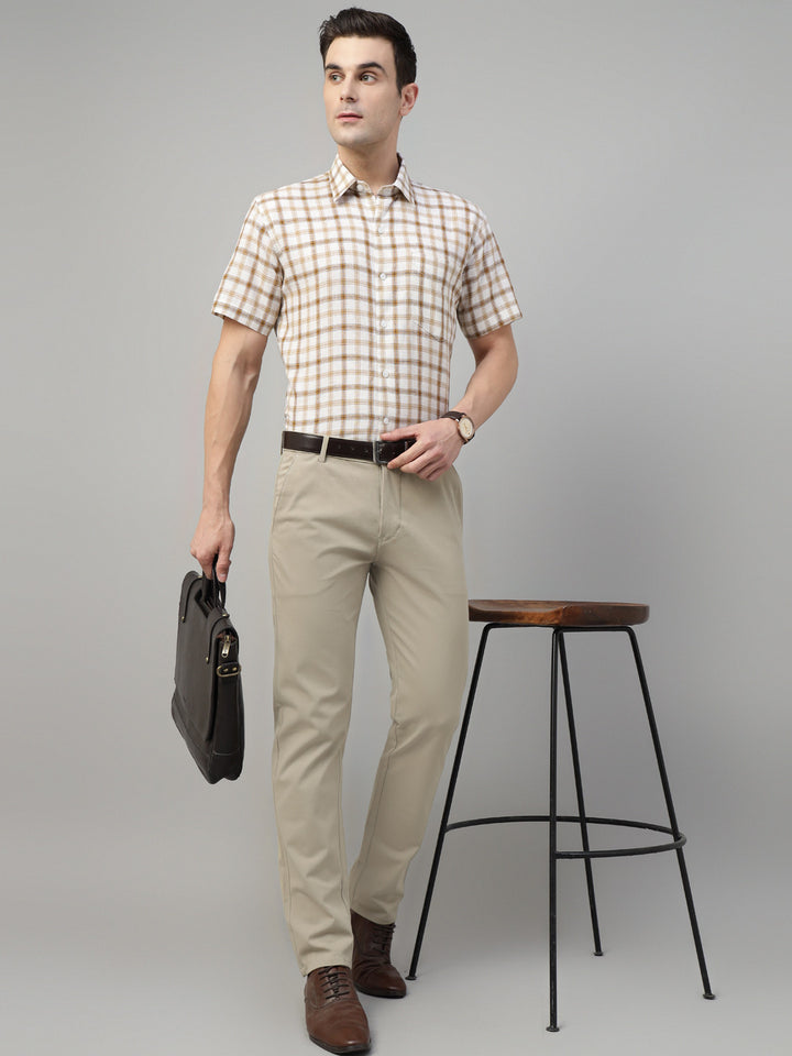 Men Beige Solid Cotton Elastene Slim Fit Formal Trouser