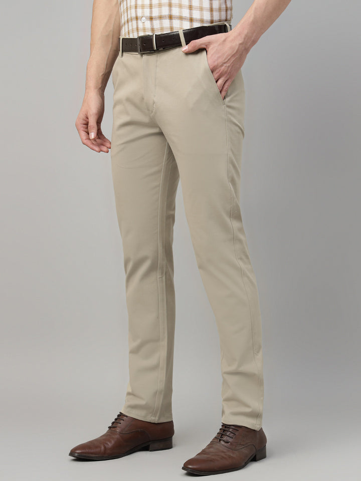 Men Beige Solid Cotton Elastene Slim Fit Formal Trouser