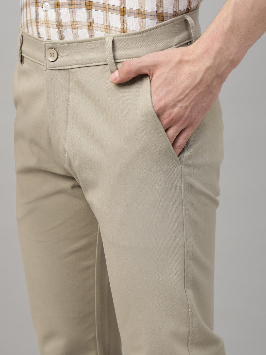 Men Beige Solid Cotton Elastene Slim Fit Formal Trouser