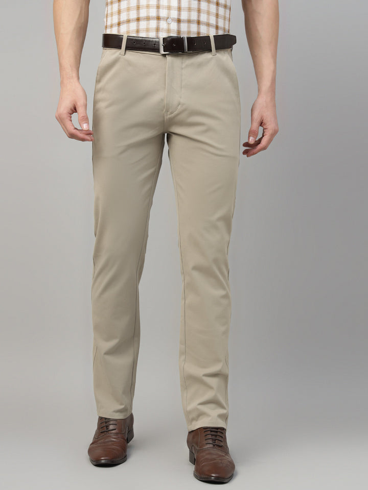 Men Beige Solid Cotton Elastene Slim Fit Formal Trouser