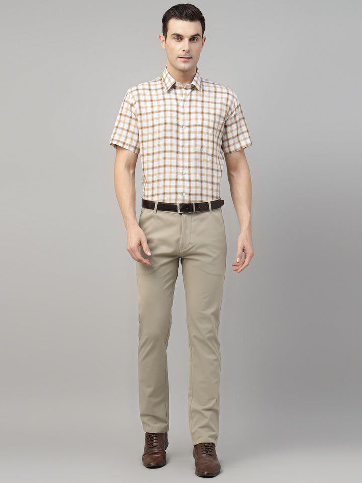 Men Beige Solid Cotton Elastene Slim Fit Formal Trouser