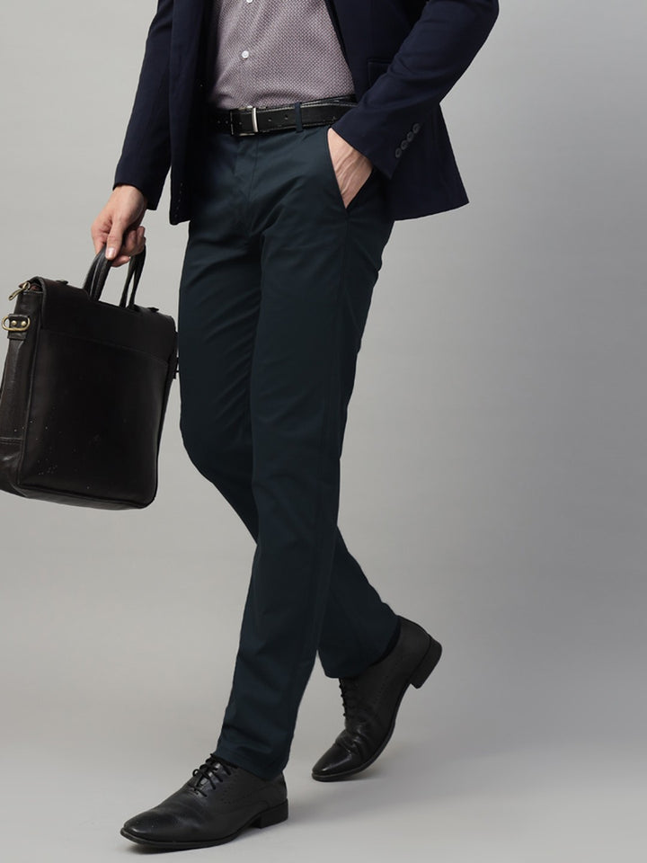 Men Navy Blue Solid Cotton Elastene Slim Fit Formal Trouser