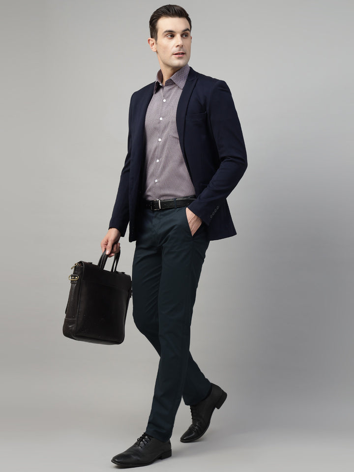 Men Navy Blue Solid Cotton Elastene Slim Fit Formal Trouser