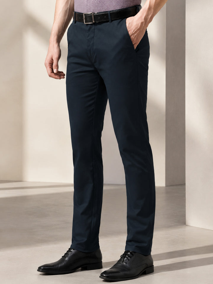 Men Navy Blue Solid Cotton Elastene Slim Fit Formal Trouser