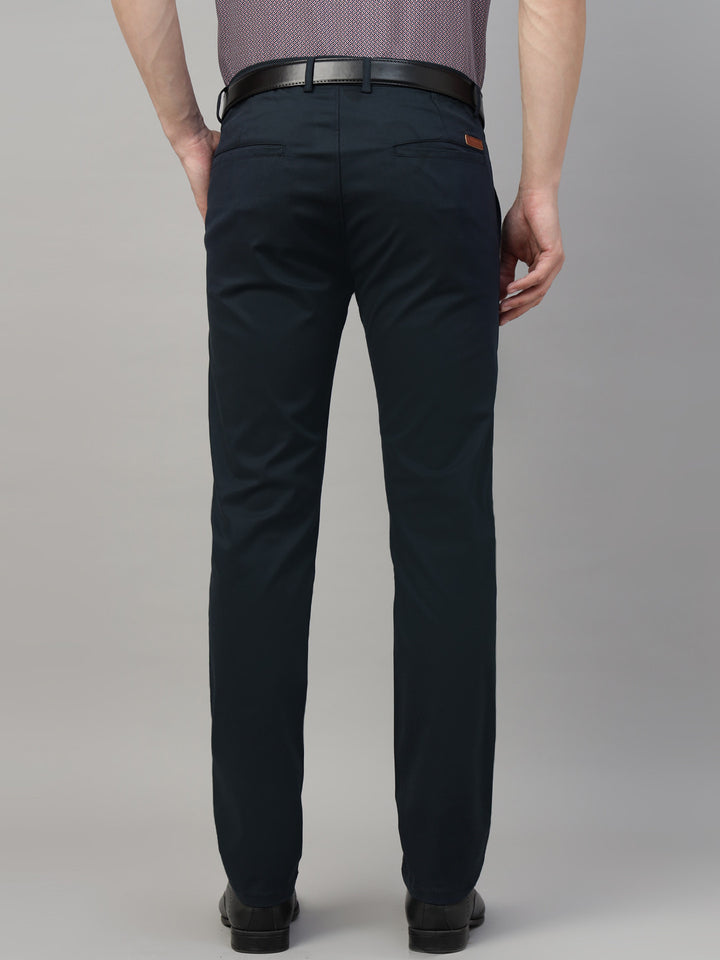 Men Navy Blue Solid Cotton Elastene Slim Fit Formal Trouser