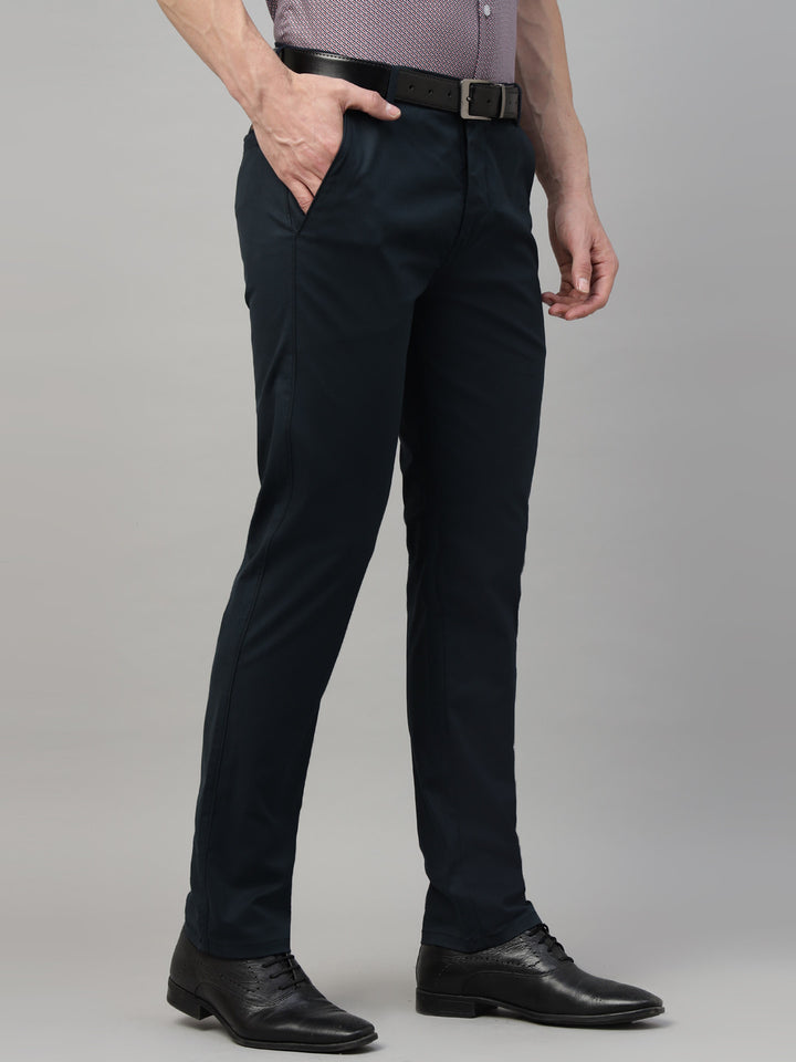 Men Navy Blue Solid Cotton Elastene Slim Fit Formal Trouser