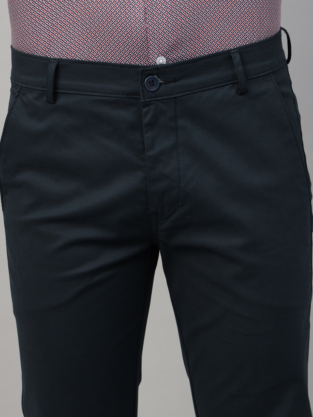 Men Navy Blue Solid Cotton Elastene Slim Fit Formal Trouser